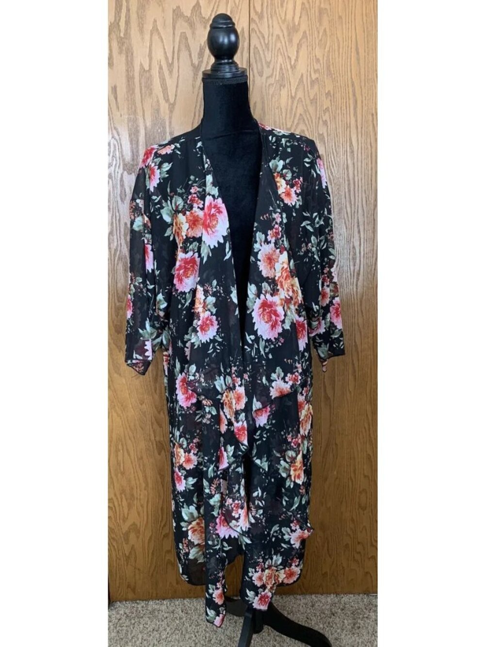 LuLaRoe Womens Size Large Black Red Pink Floral Lightweight Sheer Open Cardigan